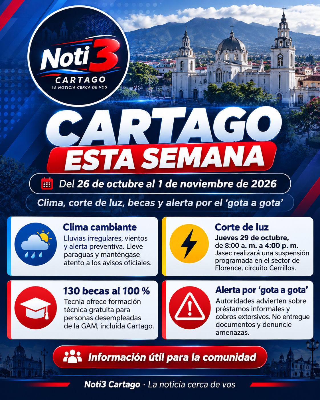 Cartago esta semana: lluvias, corte de luz el jueves y alerta por el “gota a gota”